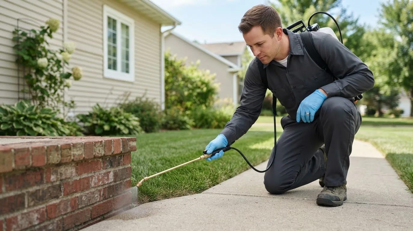 Pest control technician treating a home near Devon, PA